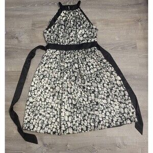 London Times Sleeveless Lined Belted Knee Length Dress Black White Floral Size 8